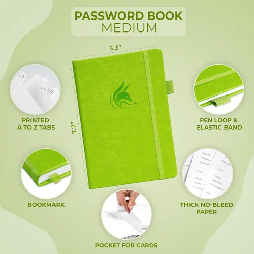 Miniatura 2 de Clever Fox - Libreta de contraseñas con pestañas alfabéticas, organizador de direcciones de Internet, tamaño mediano, para inicios de sesión en Verde