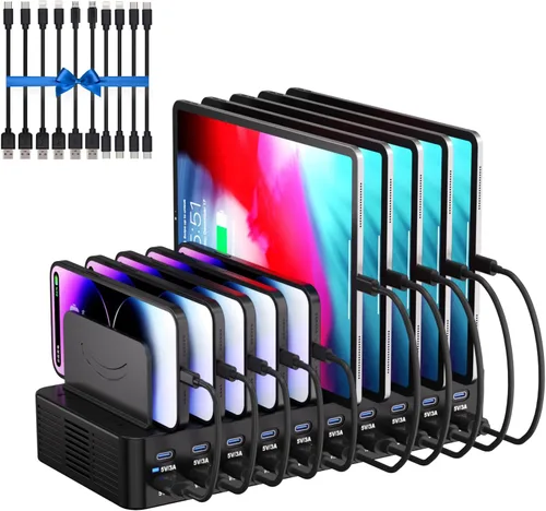 Estación de carga de 270 W para múltiples dispositivos, estación de carga rápida USB de 20 puertos con divisores ajustables y 10 cables, base de