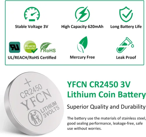 Miniatura 2 de YFCN Batería CR2450 de litio de 3 V 2450, paquete de 10 baterías CR2450 – 10 años de vida útil – CR 2450 pilas de moneda para llavero, control