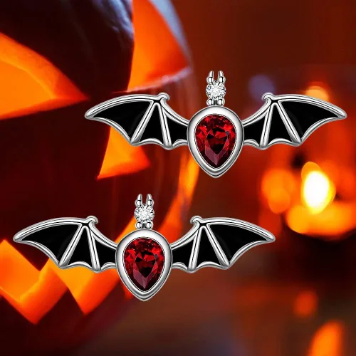 Miniatura 8 de Aretes hipoalergénicos de plata de ley con forma de murciélago con forma de calabaza y llama, murciélagos, para mujeres, adolescentes, niñas, orejas
