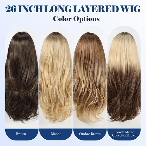 Miniatura 7 de HAIRCUBE Peluca larga rubia mezclada con marrón con flequillo, pelucas rizadas en capas para mujeres, pelucas sintéticas naturales para uso diario