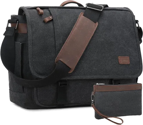 Miniatura 11 de NerIion Bolsa de Mensajero para Hombres de 17-17.3 Pulgadas, Bolsa de Laptop de Lona Resistente al Agua, Bolsa de Hombro, Maletín de Trabajo, Marrón