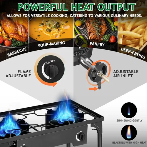 Miniatura 2 de Karl home Estufa de gas propano de 2 quemadores para cocinar al aire libre, cocina de campamento de 225,000 BTU con patas extraíbles y regulador PSI