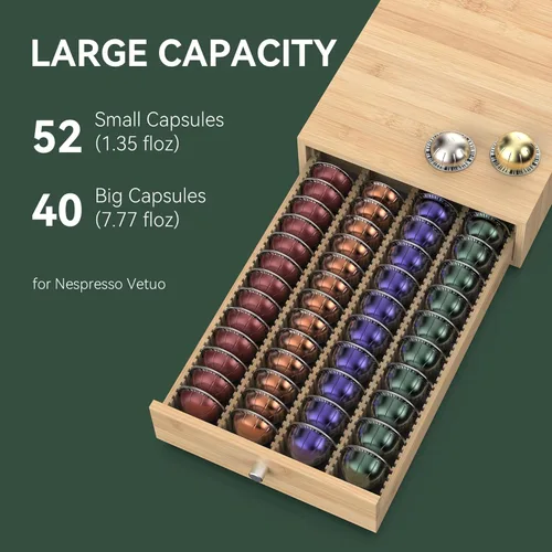Miniatura 4 de Para cápsulas Nespresso Vertuo (NV140) – Cajón de cápsulas de café de bambú premium, soporte organizador de 40 cápsulas grandes o 52 pequeñas