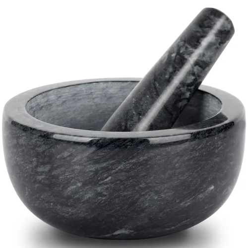 Tera Juego de Mortero y Maja de Mármol Grande de Piedra Sólida Molinillo de Especias y Hierbas Triturador de Pastillas (Negro, Diámetro 5.5")