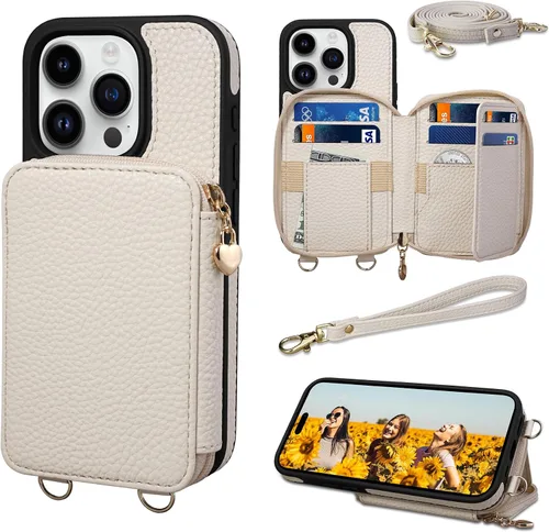 Funda para iPhone 15 Pro de 6.1 pulgadas, cremallera cruzada para iPhone 15 Pro con ranuras para tarjetas de bloqueo RFID, cordón y correa de mano