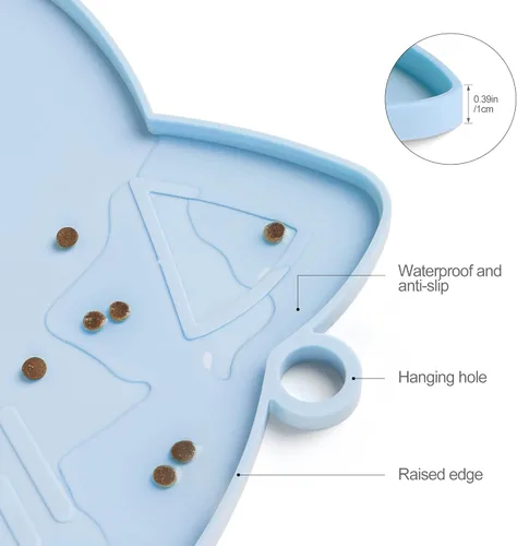 Miniatura 3 de Coomazy Tapete de comida para gatos, tapete de alimentación más grueso para perros con borde elevado, silicona antideslizante para el suelo, Azul