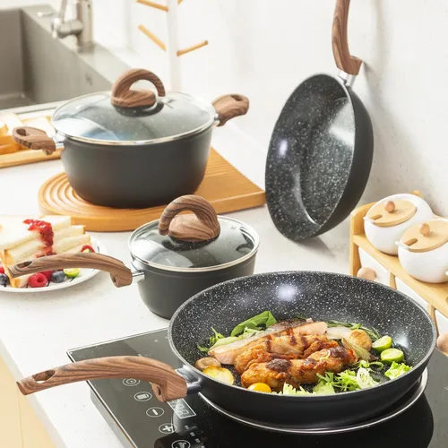 Miniatura 2 de Vkoocy Juego de ollas y sartenes antiadherentes, juego de utensilios de cocina de cerámica con patrón de granito, juegos de cocina de inducción