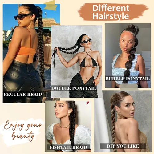 Miniatura 5 de Extensión de cola de caballo larga trenzada con banda para el cabello, color marrón claro, extensiones de cabello sintético suave y natural