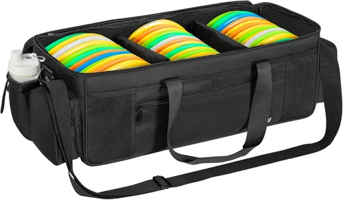 Miniatura 9 de Bolsa de almacenamiento de disco de golf duradera de gran capacidad con divisores y múltiples bolsillos laterales, color negro