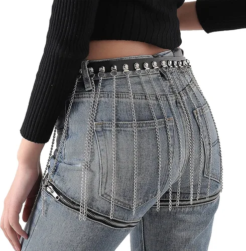 Ayliss Cinturón de cadena de cintura punk para mujer, borla de metal, piel sintética, vintage, rockero, cinturón de vestir para jeans, pantalones,