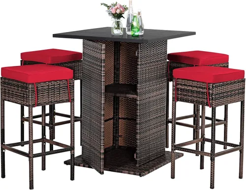 Miniatura 16 de Tangkula - Juego de barra para patio, 3 piezas de mimbre para exteriores, con 2 taburetes con cojines y mesa con cubierta de cristal, color gris