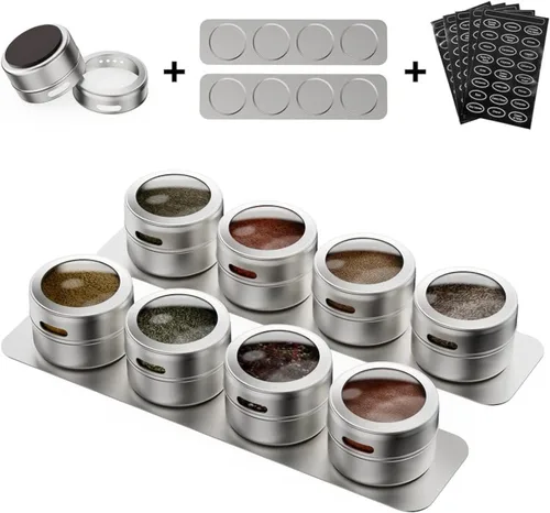 Vetacsion Juego de 8 latas magnéticas para especias con 2 placas de pared de metal, 100 etiquetas adhesivas de condimentos preimpresas, 2 estilos