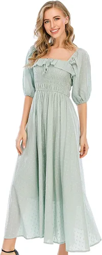 Miniatura 2 de R.Vivimos - Vestidos largos de verano de media manga para mujer, hechos de algodón, con volantes, estilo vintage, elegantes, con espalda descubierta