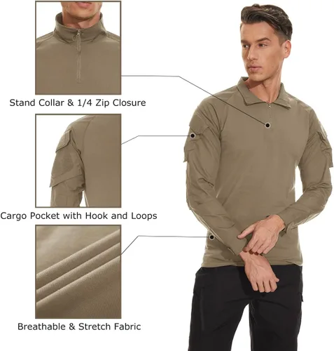 Miniatura 29 de TACVASEN Camisa táctica de manga larga para hombre, con cremallera de 1/4, con bolsillos, para paintball, militar, Airsoft, transpirable