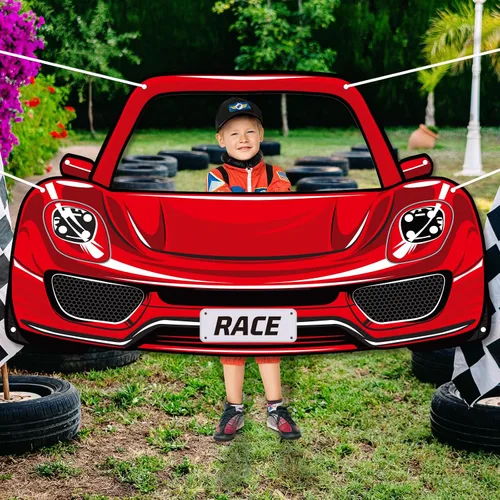 Miniatura 6 de Decoración de fiesta de cumpleaños de coche de carreras, accesorios de cabina de fotos con temática de autos de carreras, telón de fondo de tela