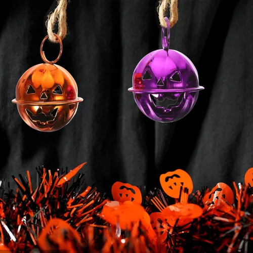 Miniatura 5 de Campanas de calabaza de Halloween, cascabeles pequeños de metal para decoración de fiestas, suministros de manualidades con sonido claro, mini