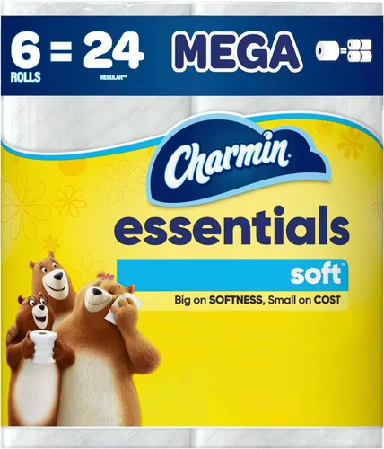 Charmin Essentials - Papel higiénico suave, 6 mega rollos, 330 hojas por rollo