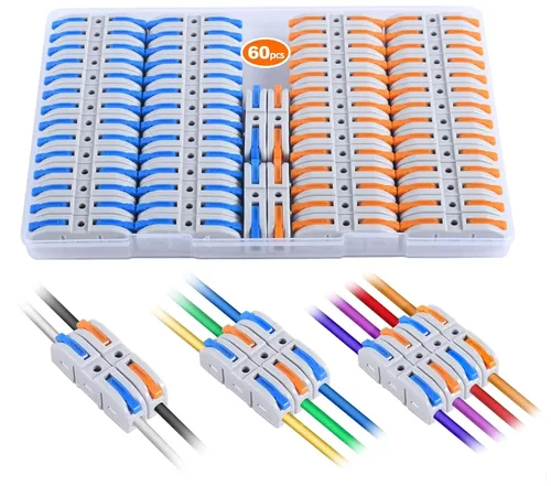 Kit de conectores de palanca para cables eléctricos de conexión rápida, para terminales en línea compactos, 28-12 AWG, 1 entrada 1 salida, 60 piezas