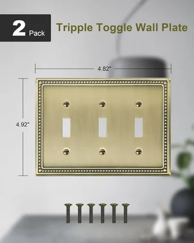 Miniatura 2 de Paquete de 2 placas de triple interruptor de luz de palanca, cubiertas decorativas de perlas, placa de pared de metal de 3 segmentos de latón Latón