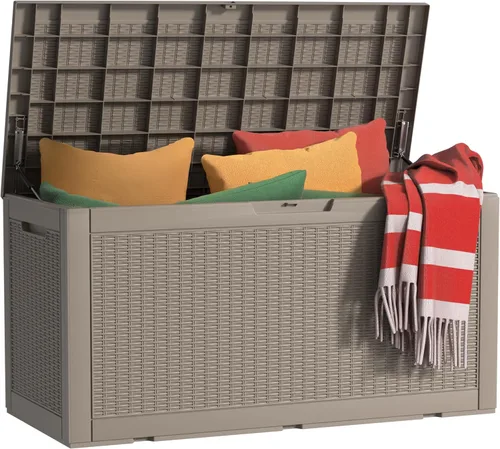 Caja de cubierta para exteriores de 120 galones, cajas de almacenamiento impermeables con cerradura para herramientas de jardín, cojines de Gris
