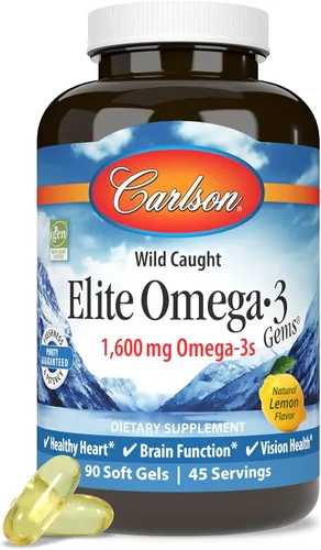Miniatura 5 de Carlson Elite Omega-3 Gems, 1600 mg Omega-3 con EPA y DHA, aceite de pescado noruego capturado en la naturaleza, sabor a limón, 90 cápsulas blandas