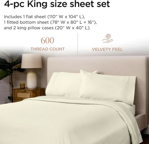 Miniatura 2 de Threadmill Sábanas 100% algodón para cama tamaño King - Juego de sábanas de 600 hilos con bolsillos profundos de 40 cm, juego de ropa de cama de 4
