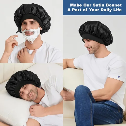 Miniatura 6 de Gorro para hombre, gorro de doble capa para dormir, gorro de dormir ajustable con banda elástica, gorros de satén de seda para trenzas de cabello