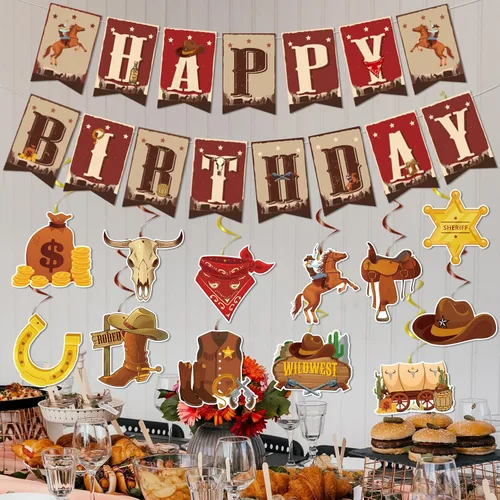 Miniatura 4 de Decoraciones de fiesta de cumpleaños de vaquero occidental, 29 piezas de decoración de fiesta temática de vaquero, remolinos colgantes, serpentinas