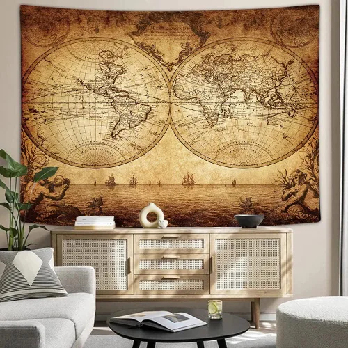 Miniatura 3 de JAWO Tapiz vintage antiguo de mapa del mundo, mapa náutico retro de doble hemisferio para colgar en la pared, mapa del mundo antiguo, arte de pared