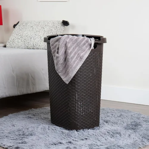 Miniatura 2 de Mind Reader - Cesta de ropa delgada con tapa, cesta de 60L, diseño de mimbre premium, plástico, color café Marrón