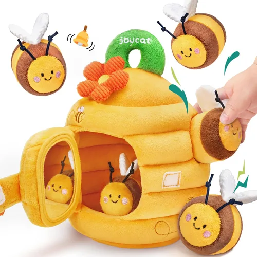JoyCat Juguetes para bebés de 6 meses, colmena de flores con 5 abejas sensoriales de peluche, crujiente, sonajero, espejo, juguetes Montessori para