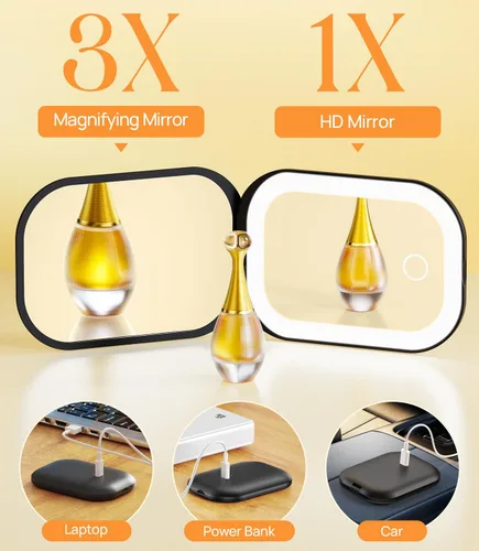 Miniatura 5 de Gospire Espejo compacto iluminado con luz y aumento 1X/3X, atenuación continua y luces ajustables de tres colores, batería recargable y espejo Negro