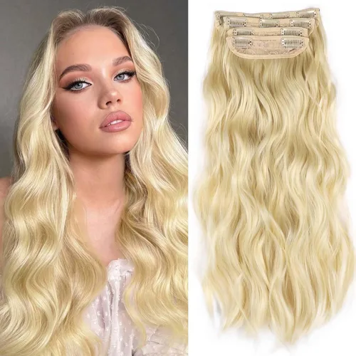 Miniatura 17 de 4 piezas de extensiones de cabello rizado con clip, color dorado oscuro, mezcla de rubio beige, sintético de 20 pulgadas de largo, extensiones