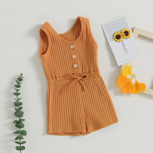 Miniatura 46 de Traje de verano para niña pequeña, de manga corta, acanalado, overol liso, pantalones cortos, ropa para recién nacidos