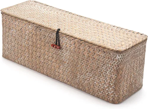 Miniatura 3 de Cesta de Almacenamiento de Seagrass Blanqueado con Tapa Tejida para Rollos de Papel Higiénico con Secciones Rectangular para Organizar Snacks