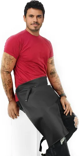 Miniatura 6 de Under NY Sky Delantal negro con espalda cruzada, herrajes cromados, sarga revestida, refuerzo de cuero, pierna dividida, ajustable para hombres