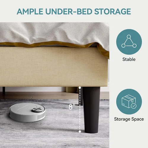 Miniatura 5 de HOOMIC Base de cama tapizada de tamaño matrimonial con cabecera geométrica moderna con respaldo de ala, listones de madera, no necesita somier, base