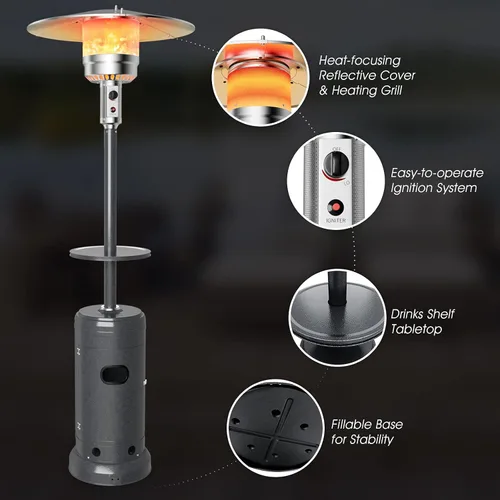 Miniatura 3 de S AFSTAR Calentador de patio al aire libre de 48000 BTU, calentador de propano portátil con estante para bebidas, ruedas, depósito base, torre