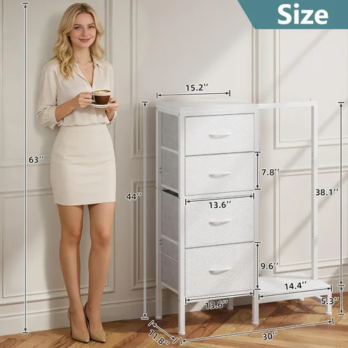Miniatura 2 de HIGDBFE Cómoda alta de 44 pulgadas de alto con estante para colgar, cómoda pequeña de 4 cajones para dormitorio, cómoda de tela reversible con Blanco