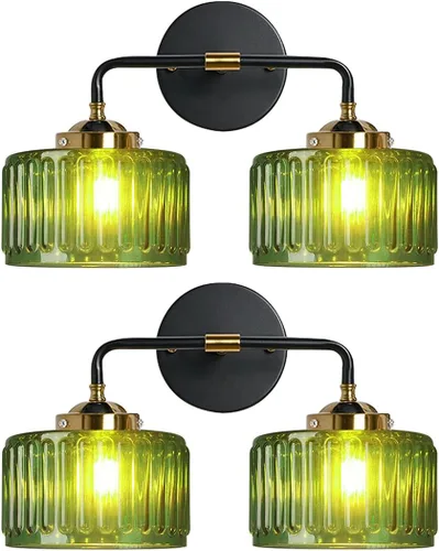 Miniatura 22 de Lámparas de baño de mediados de siglo, aplique de pared de 2 luces con pantalla de vidrio con rayas verdes, luz de montaje en pared, luces modernas