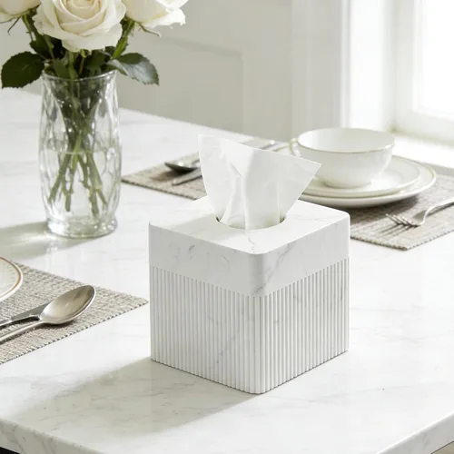 Miniatura 2 de Caja de pañuelos blanca cuadrada de resina para decoración del hogar, soporte de caja de pañuelos de cubo de mármol acanalado vertido a mano – Caja