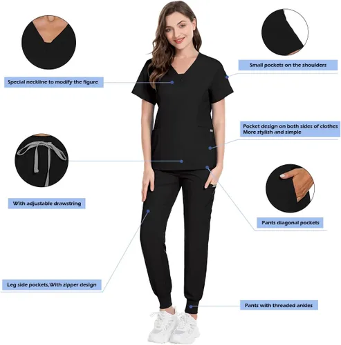 Miniatura 4 de niaahinn Conjunto de traje médico para mujer, moderno con cuello en V, pierna con cordón, pantalones deportivos, uniformes médicos de enfermería