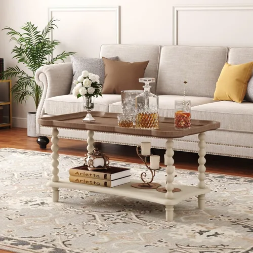 Miniatura 6 de Function Home - Mesa de centro de granja, mesa rústica blanca de estilo francés con estante de almacenamiento, mesas de centro de madera para sala