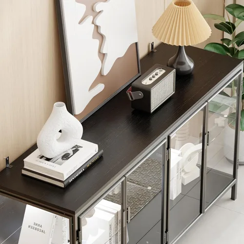 Miniatura 5 de FUFU&GAGA Aparador buffet con luces LED, puertas de cristal, vitrina moderna con estantes de cristal, armario negro con patas de metal, para sala