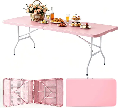 Miniatura 15 de Mesa plegable portátil de plástico de 4 pies/6 pies/8 pies, mesa de picnic y comedor de alta resistencia, color blanco y negro, plegable a la mitad