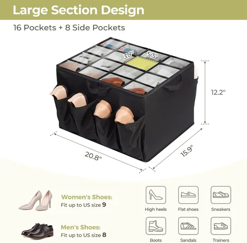 Miniatura 2 de Organizador de zapatos para armario, solución de almacenamiento de zapatos con cubierta transparente y separadores ajustables, caja de zapatos