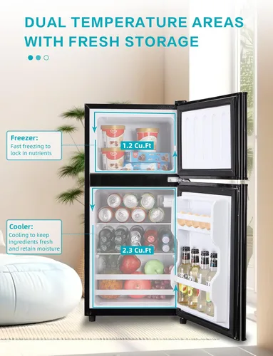 Miniatura 2 de KRIB BLING Refrigerador de 3.5 pies cúbicos con congelador, refrigerador de 2 puertas con control de termostato ajustable, refrigerador para cocina