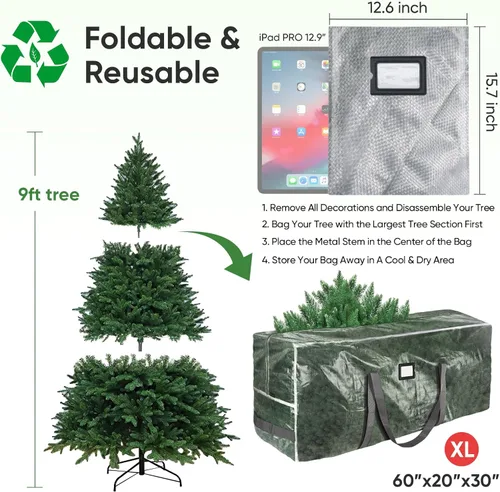 Miniatura 3 de BALEINE Bolsa de almacenamiento para árbol de Navidad de 9 pies, bolsa para árbol de Navidad artificial extragrande resistente con asas reforzadas