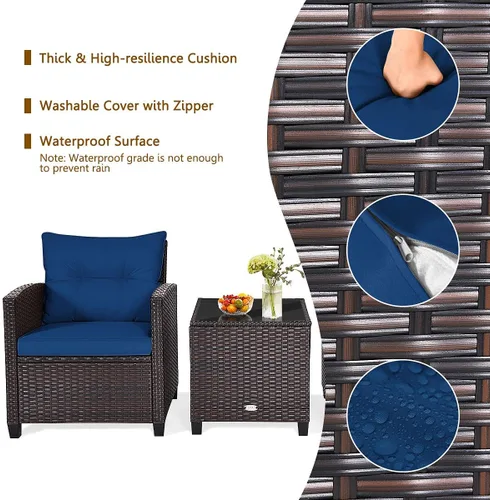 Miniatura 4 de RELAX4LIFE Juego de muebles de patio de 3 piezas, juego de conversación de mimbre con 2 sillones acolchados y mesa con tapa de cristal, juego